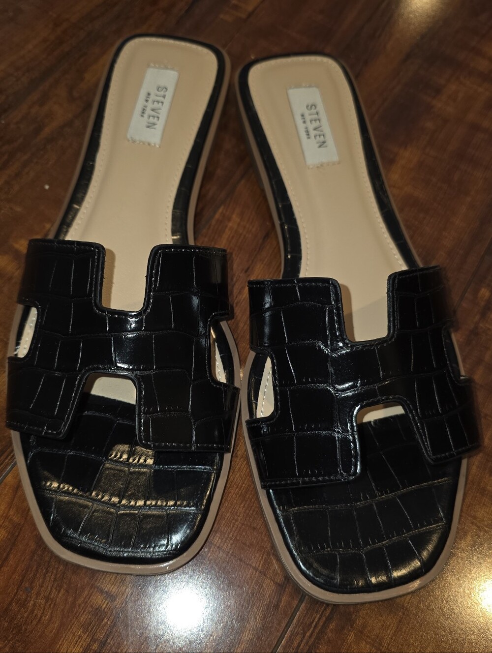 Steven New York by Steve Madden Black Croc-Embossed Slide Sandals